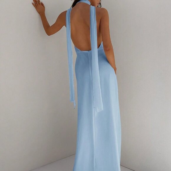 Blue Sexy Women's Deep V-Neck Backless Spaghetti Strap Long Chiffon Dress - Picture 2 of 7